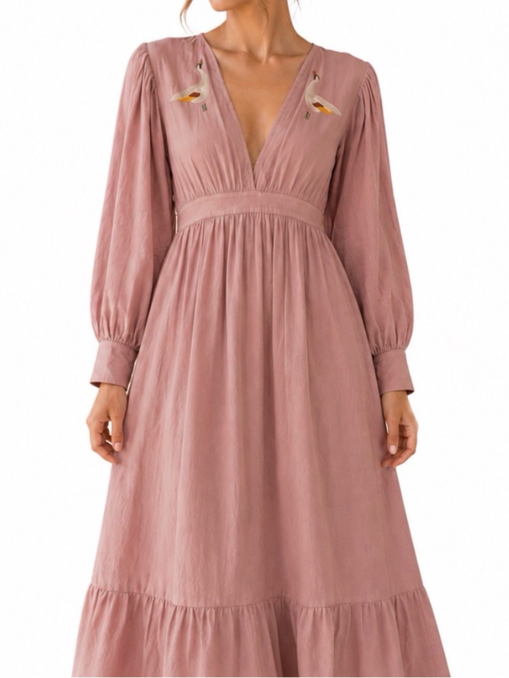 Carolina K V Neck Bird Print appliqué Maxi Dress in Pink size M